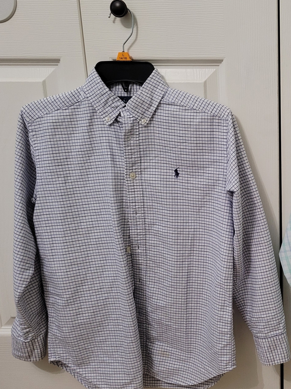 Polo by Ralph Lauren Boys 14 White Shirt with Navy Windowpane Check